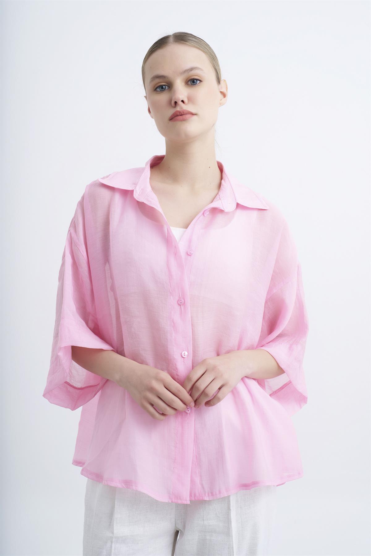 4927 OVERSIZE İPEKSİ GÖMLEK PEMBE