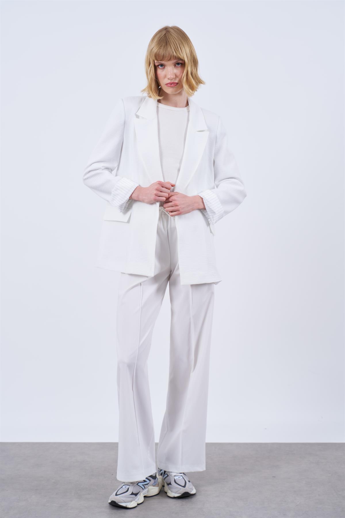 9158 ÇİZGİLİ ASTARLI KETEN CEKET BEYAZ