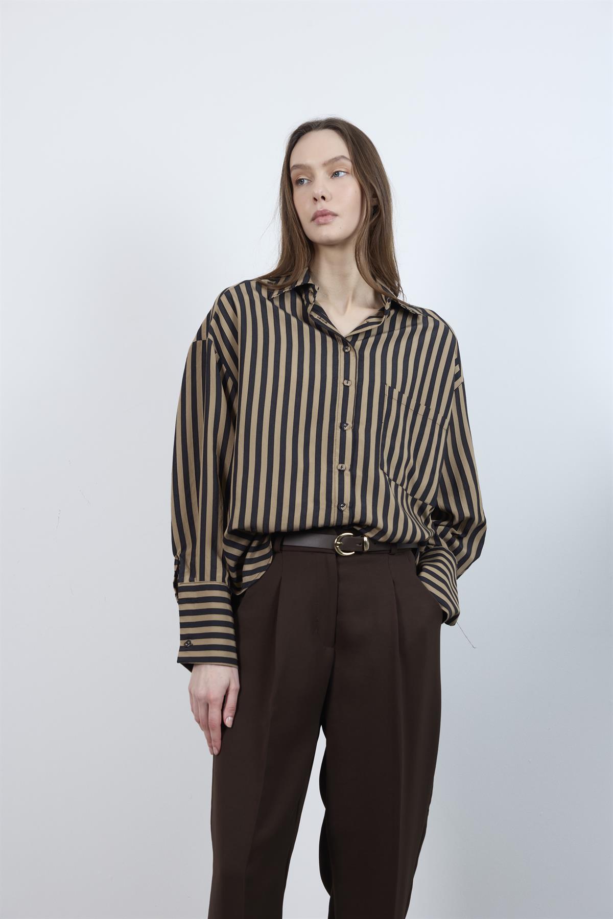 4969 ÇİZGİLİ GÖMLEK CAMEL-SİYAH