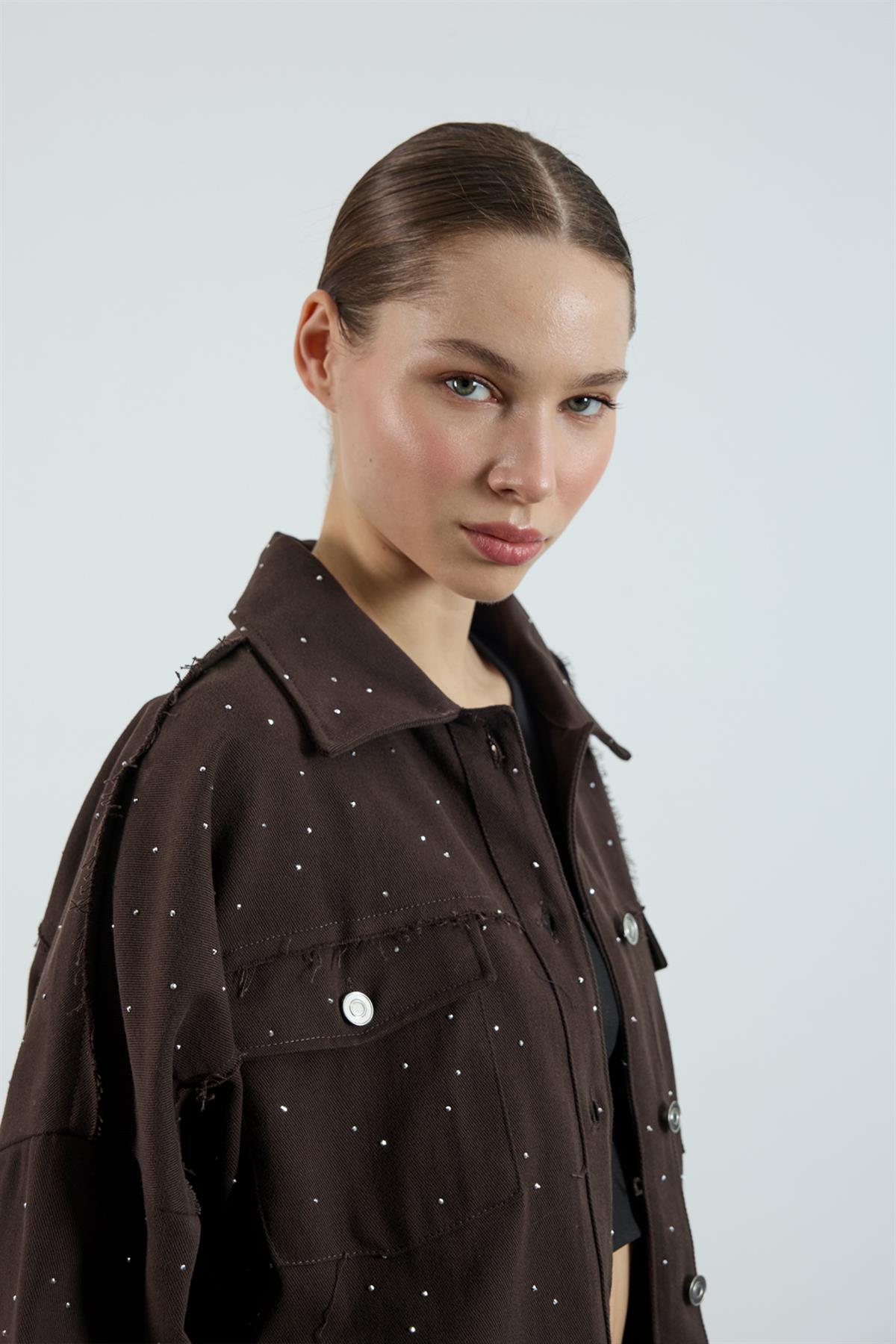 9566 GABARDİN TAŞLI CEKET KAHVE