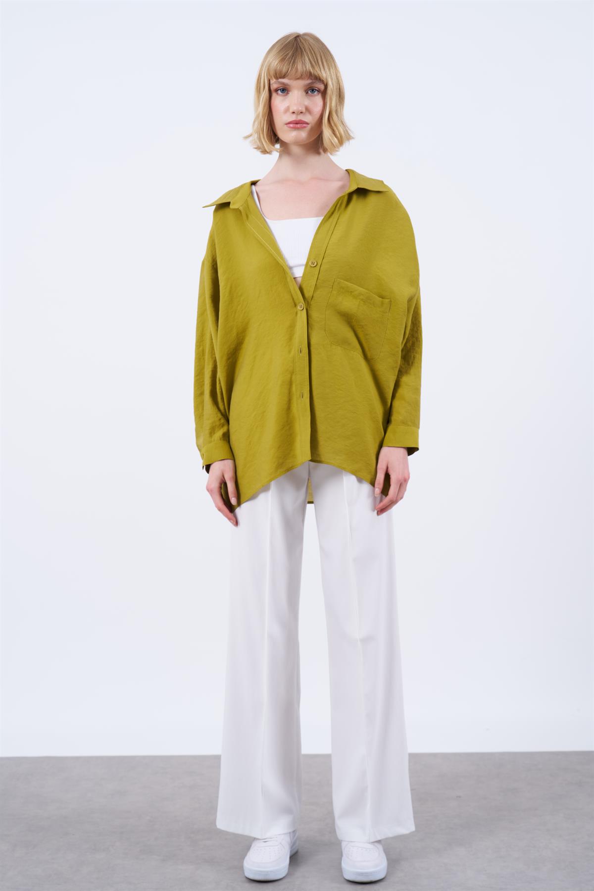 4612 DÜŞÜK OMUZLU OVERSİZE GÖMLEK YAĞ YEŞİLİ