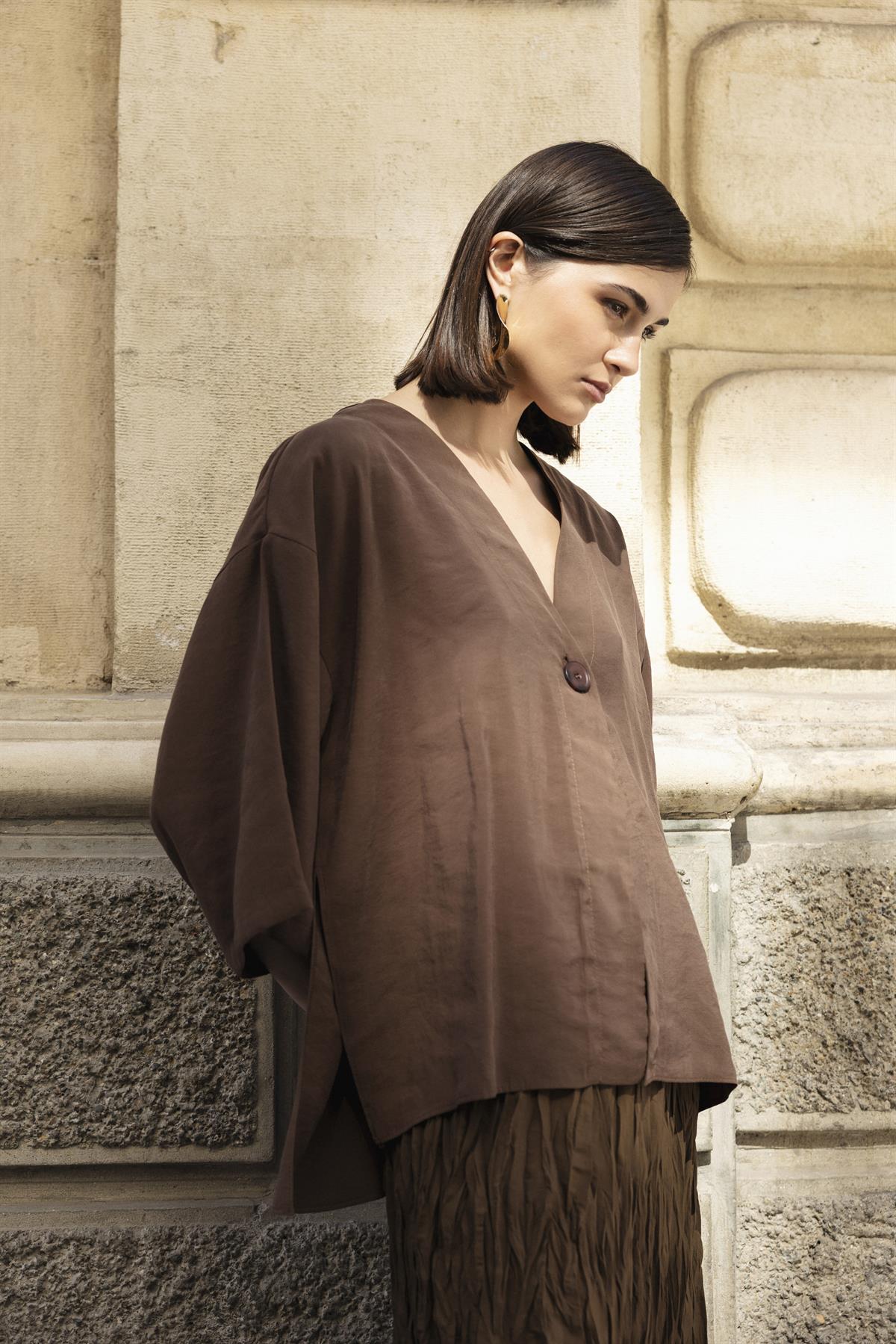 4961 ÖNDEN BAĞLAMALI BLUZ KAHVE