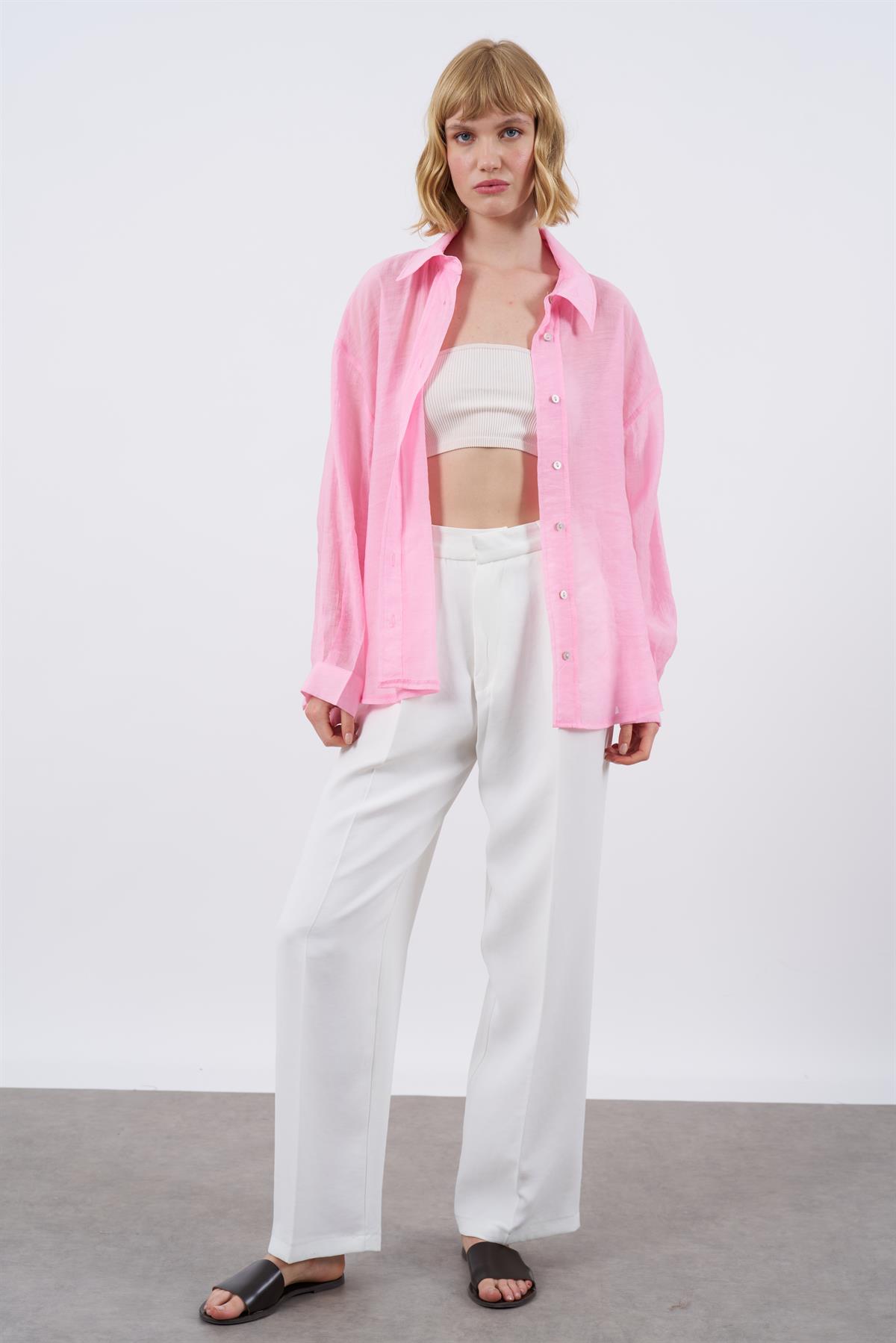 4924 OVERSIZE İPEKSİ GÖMLEK PEMBE