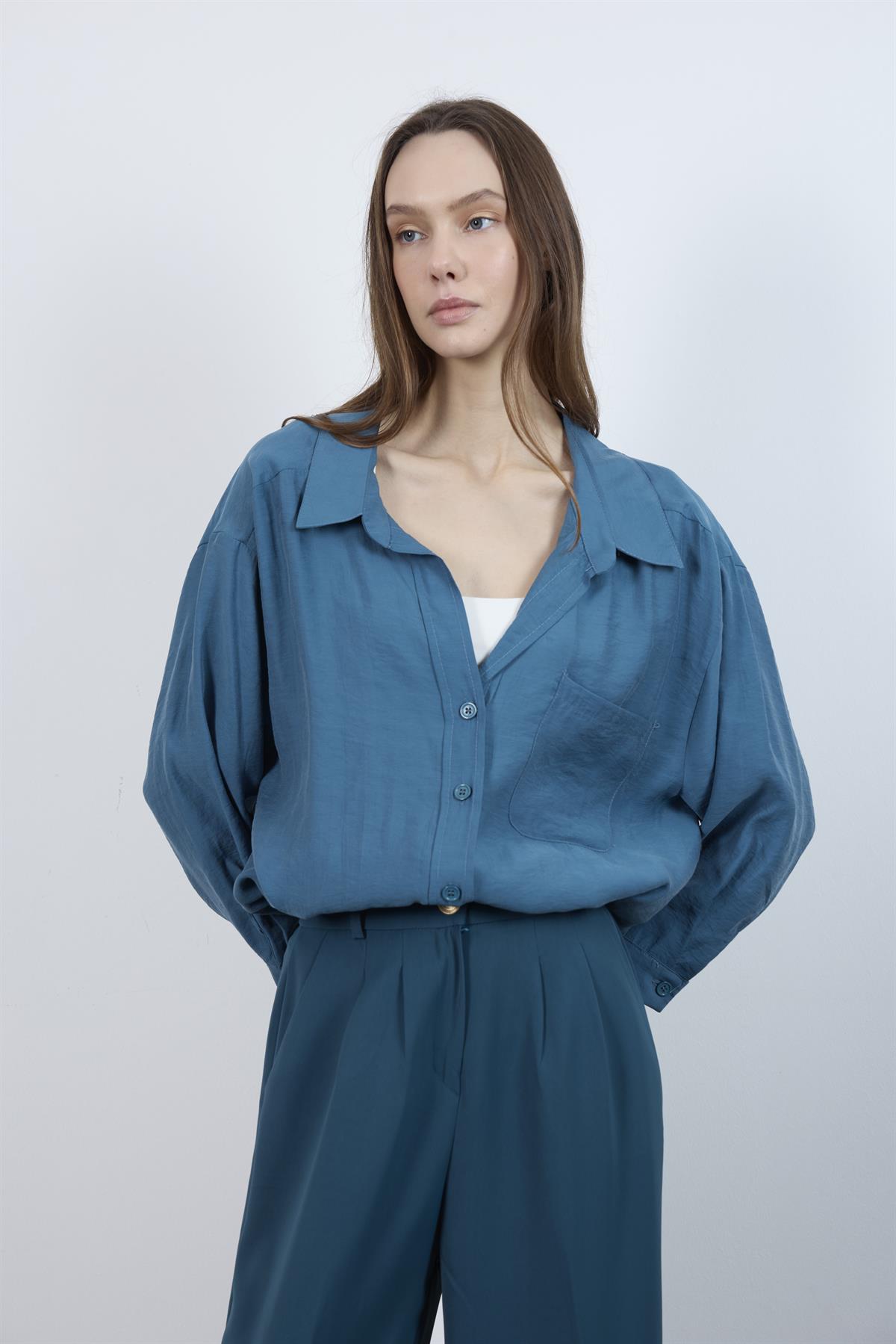 4612 DÜŞÜK OMUZLU OVERSİZE GÖMLEK PETROL MAVİ