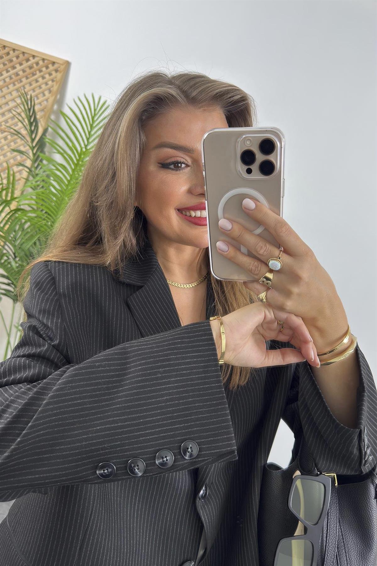 9483 ÇİZGİLİ POLİVİSKON CEKET SİYAH-GRİ