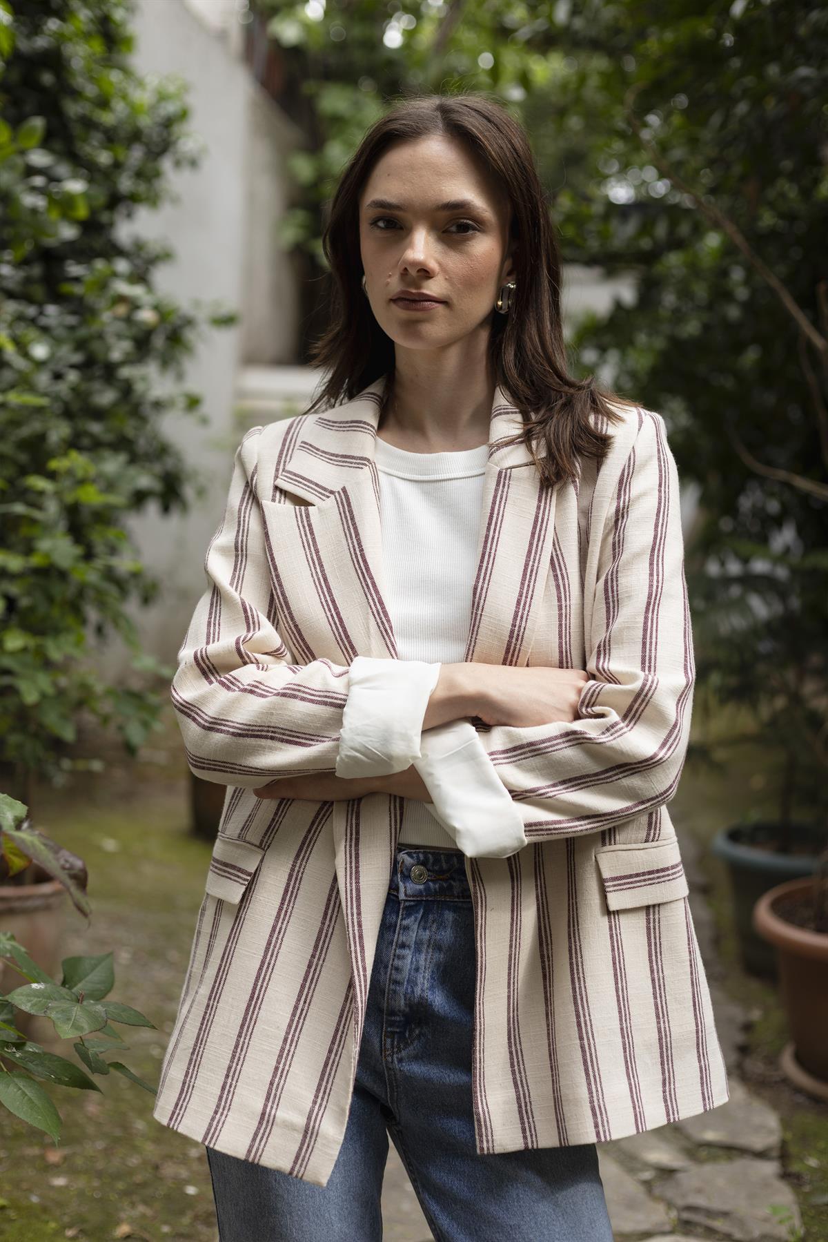 9424 ÇİZGİLİ KETEN CEKET (9134) TAŞ-BORDO