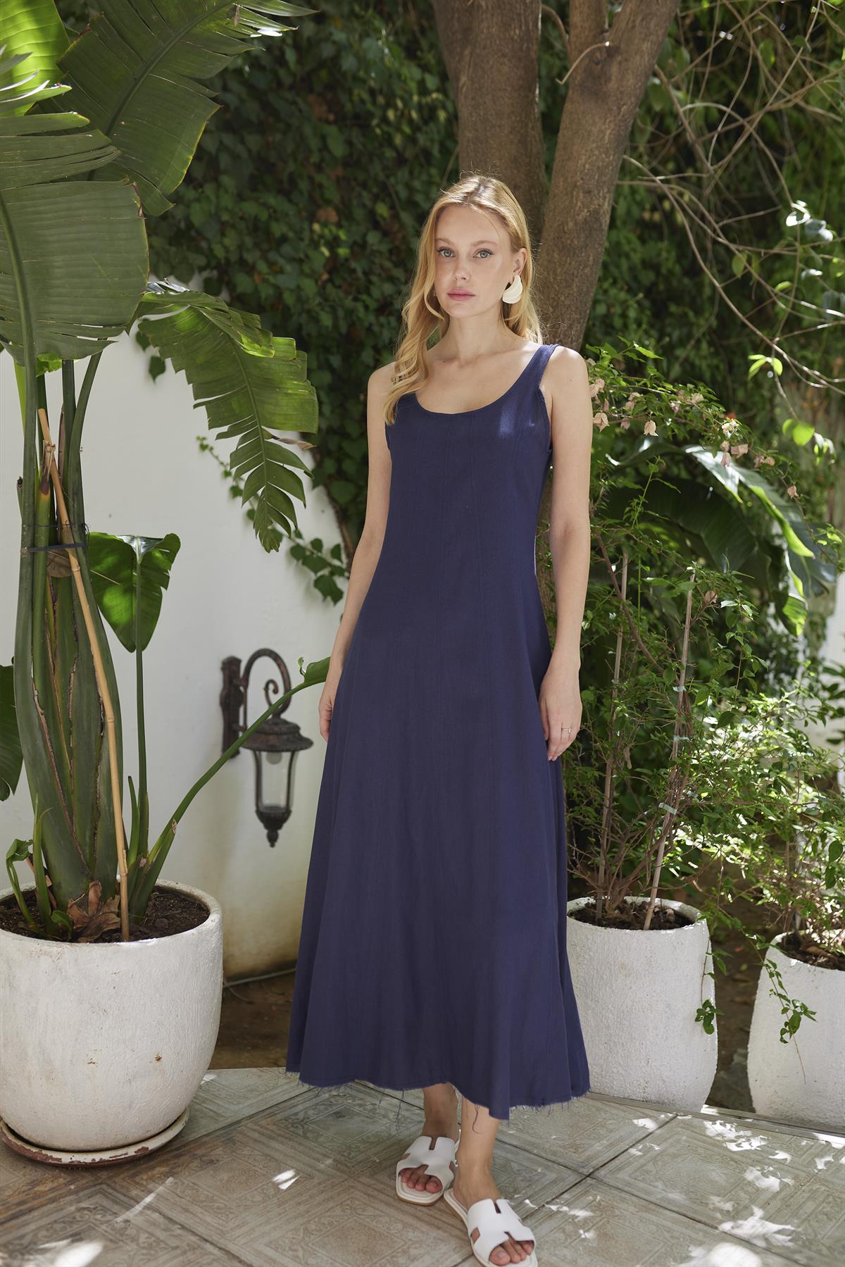 3325 ASKILI KETEN ELBİSE LACİVERT