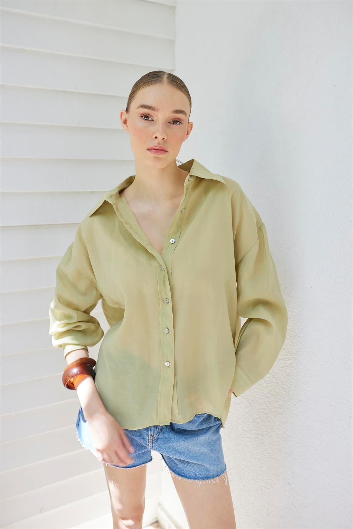 4924 OVERSIZE İPEKSİ GÖMLEK ADAÇAYI YEŞİL