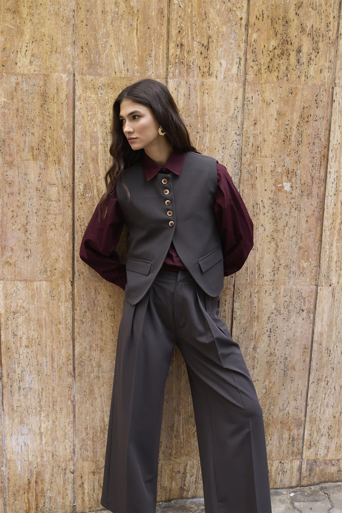 9595 YELEK PANTOLON TAKIM KOYU KAHVE