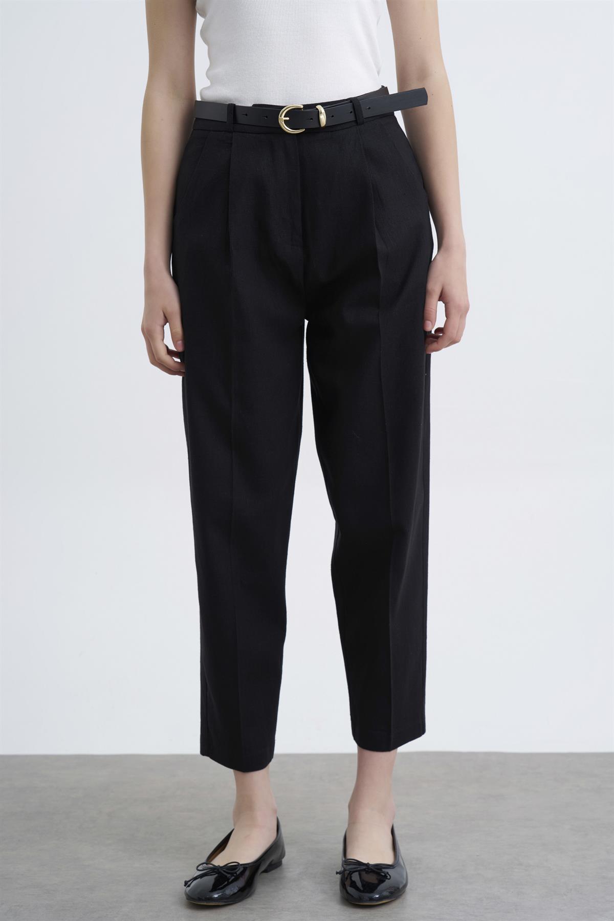 50985 KEMERLİ KETEN PANTOLON SİYAH