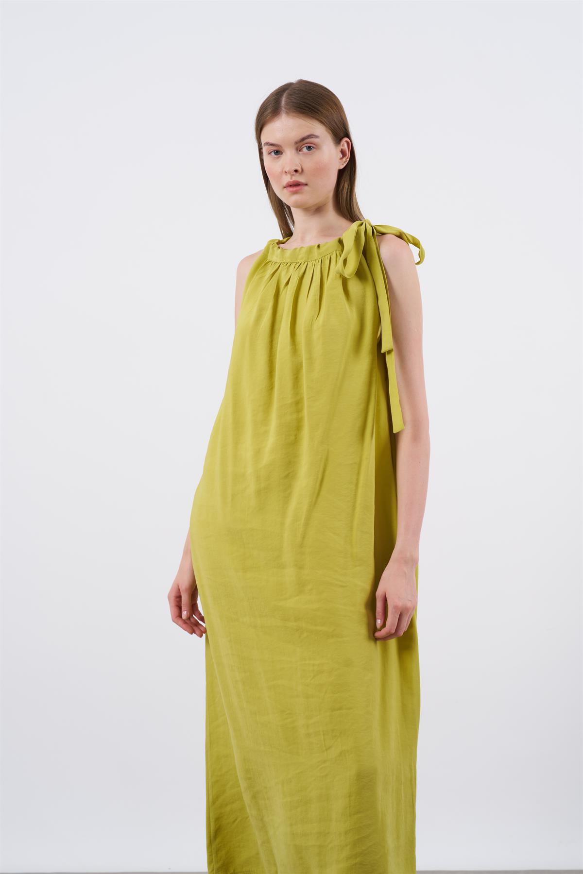 3213 OMUZDAN BAĞLAMALI ELBİSE HARDAL