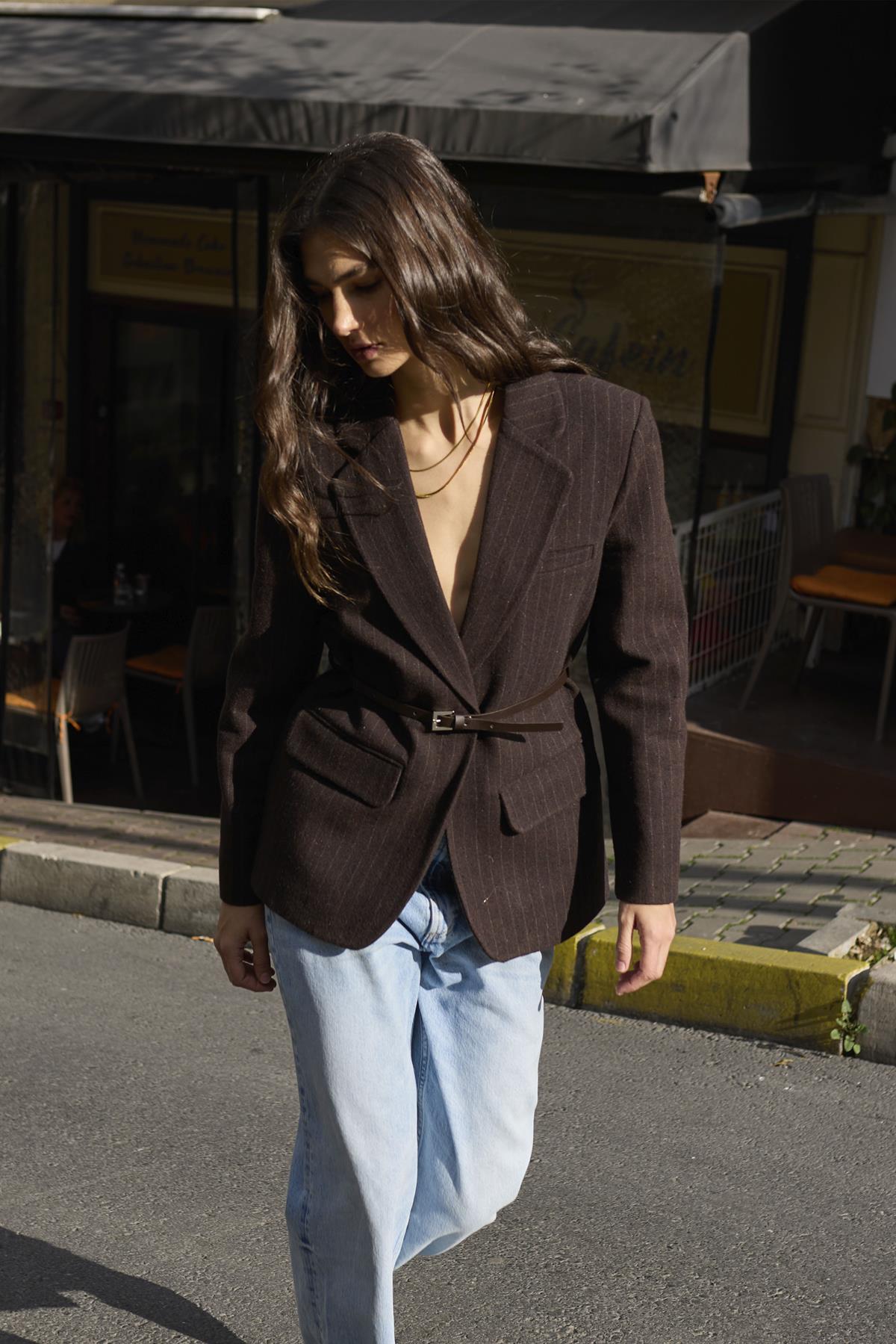 9634 ÇİZGİLİ CEKET KAHVE