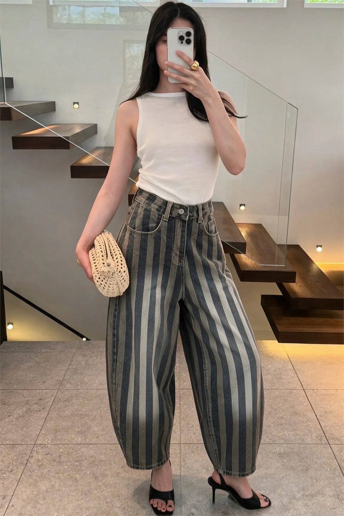 0111 PERRY STRIPED BARREL JEAN OLİVE