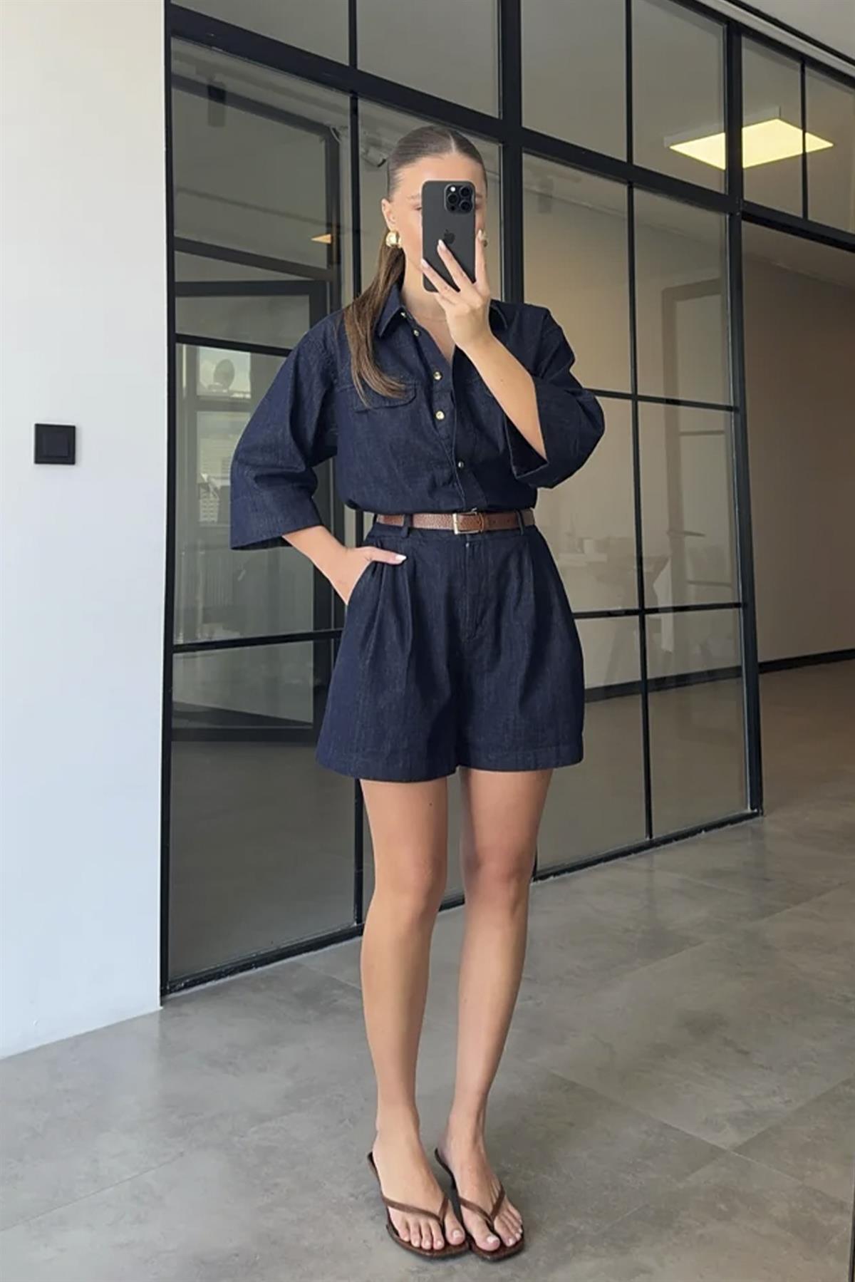 0092 DENİM GÖMLEK ŞORT TAKIM LACİVERT