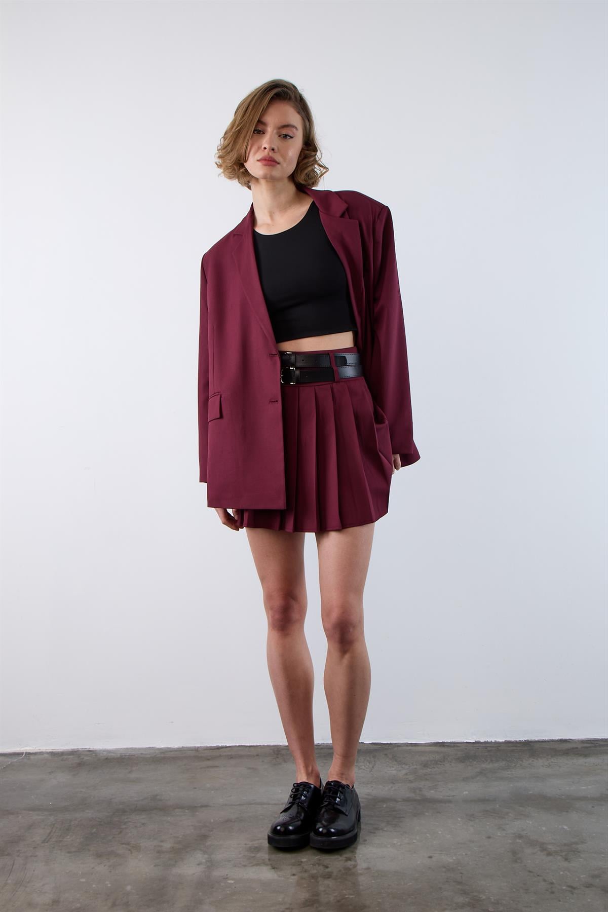 3239 PİLİLİ ÇİFT KEMERLİ ETEK BORDO