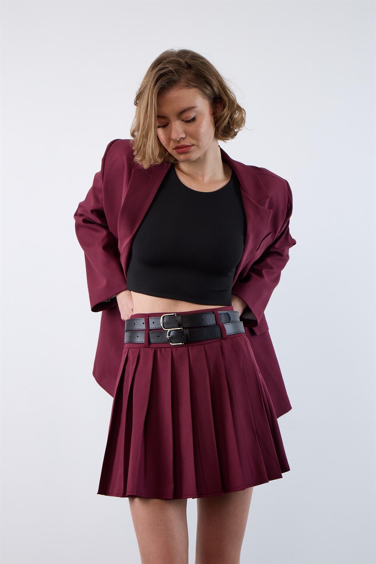 3239 PİLİLİ ÇİFT KEMERLİ ETEK BORDO