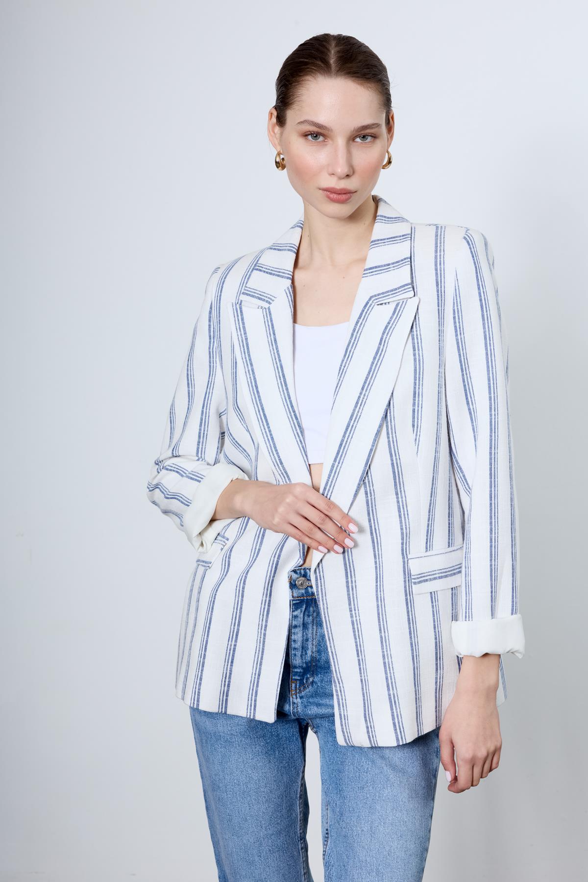 9424 ÇİZGİLİ KETEN CEKET (9134) BEYAZ-SAX