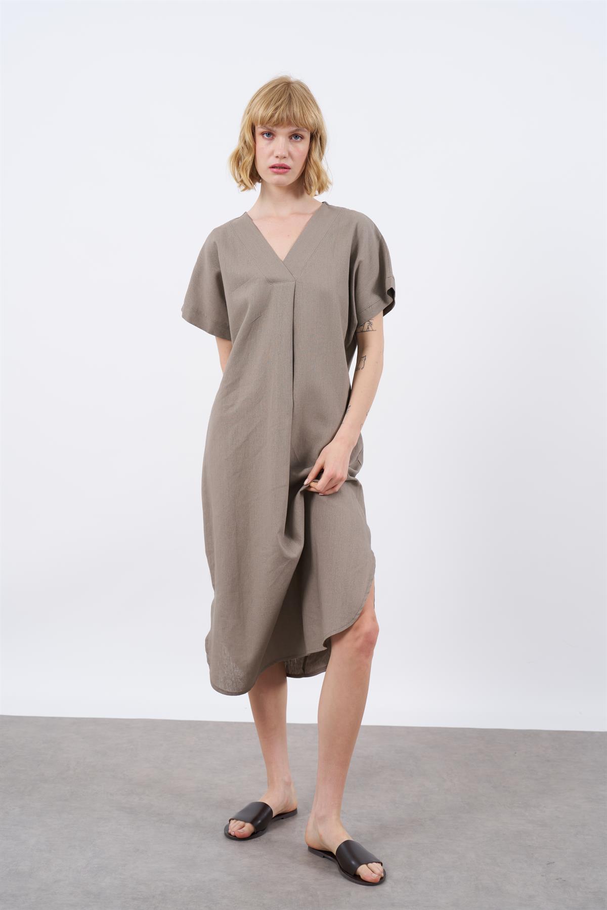 3131 KETEN ELBİSE(2835) VİZON