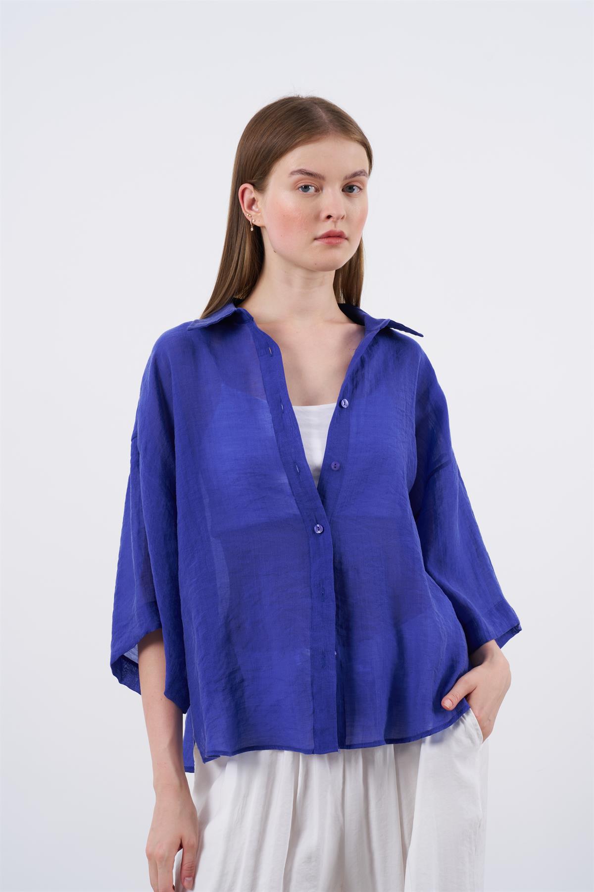 4927 OVERSIZE İPEKSİ GÖMLEK LACİVERT