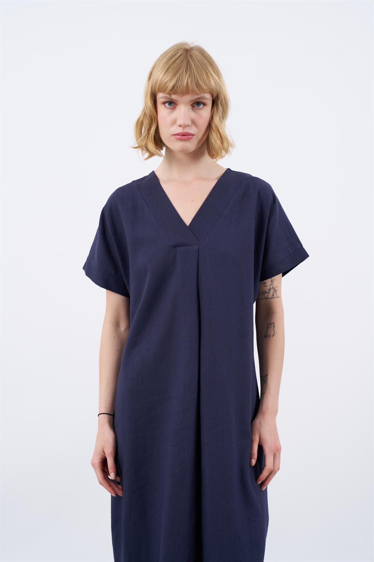 3131 KETEN ELBİSE(2835) LACİVERT