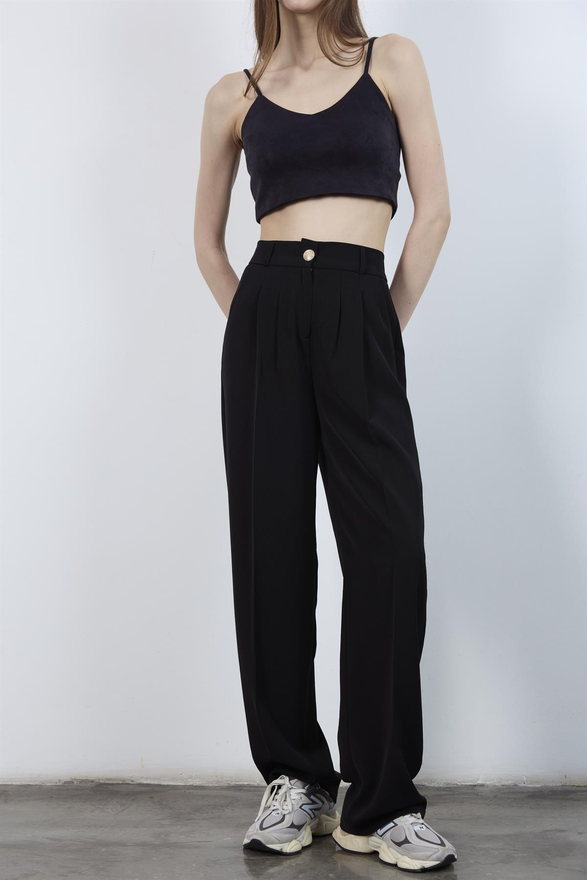 51078 PİLELİ PALAZZO PANTOLON SİYAH