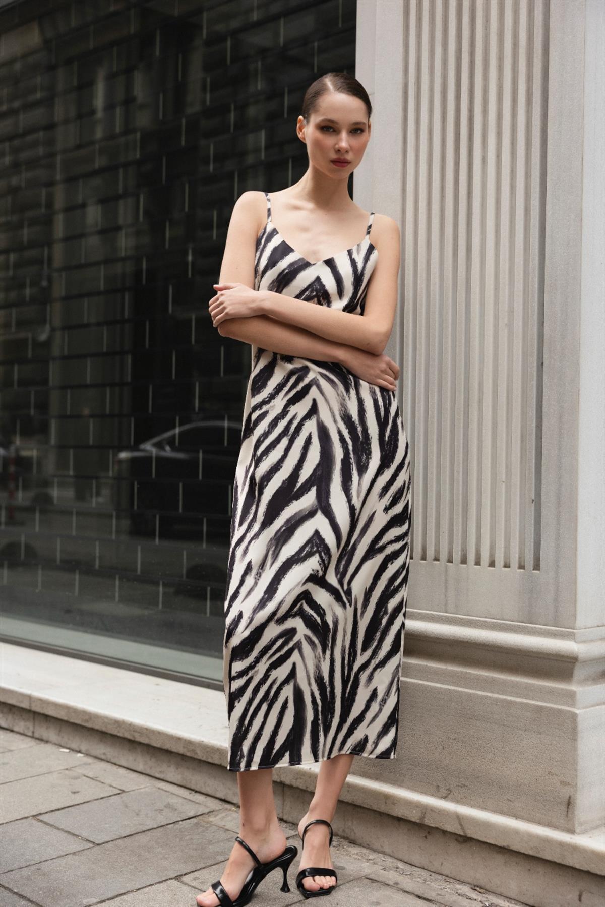 3283 V YAKA ASKILIKLI ELBİSE ZEBRA