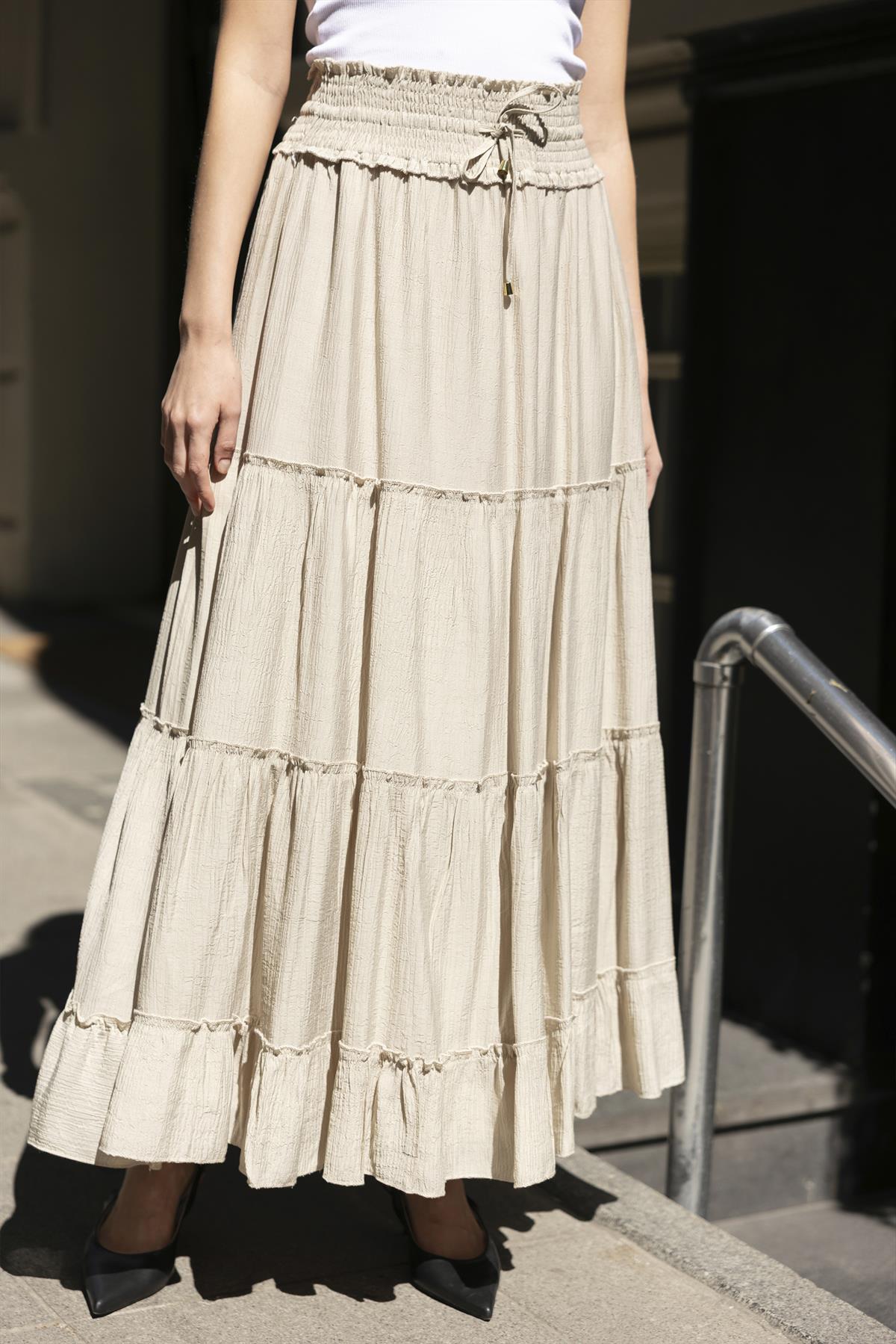 3295 GİPE KEMERLİ PARÇALI ETEK BEJ