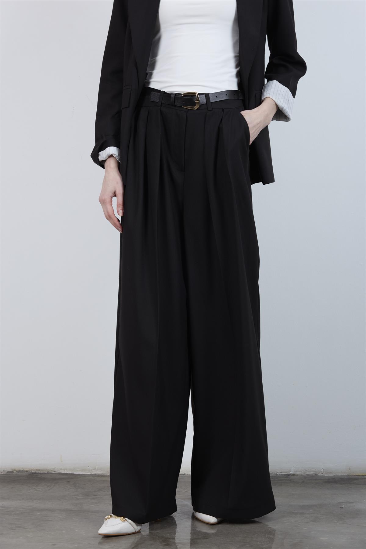 51070 PİLİLİ PALAZZO KEMERLİ PANTOLON SİYAH