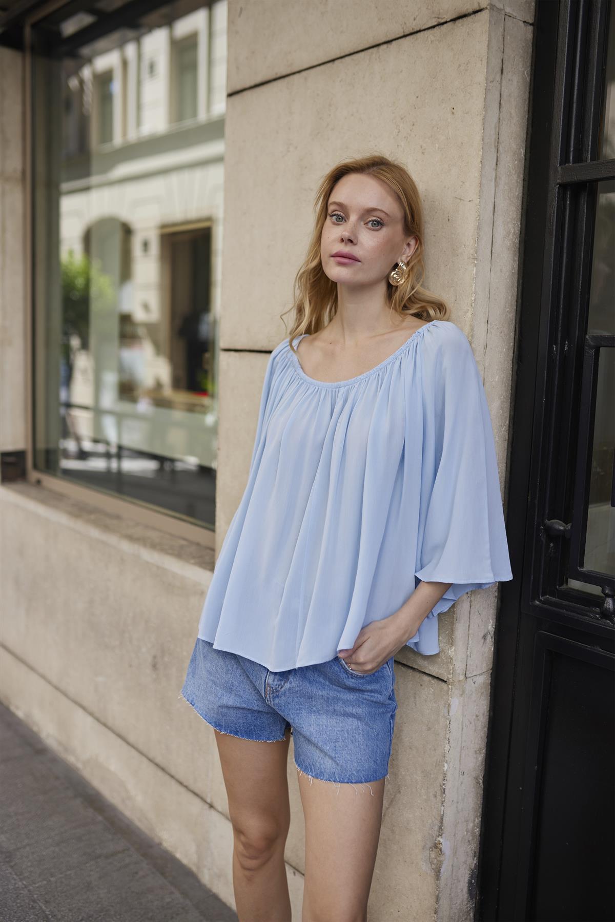 4978 YAKASI LASTİKLİ BLUZ BEBE MAVİ