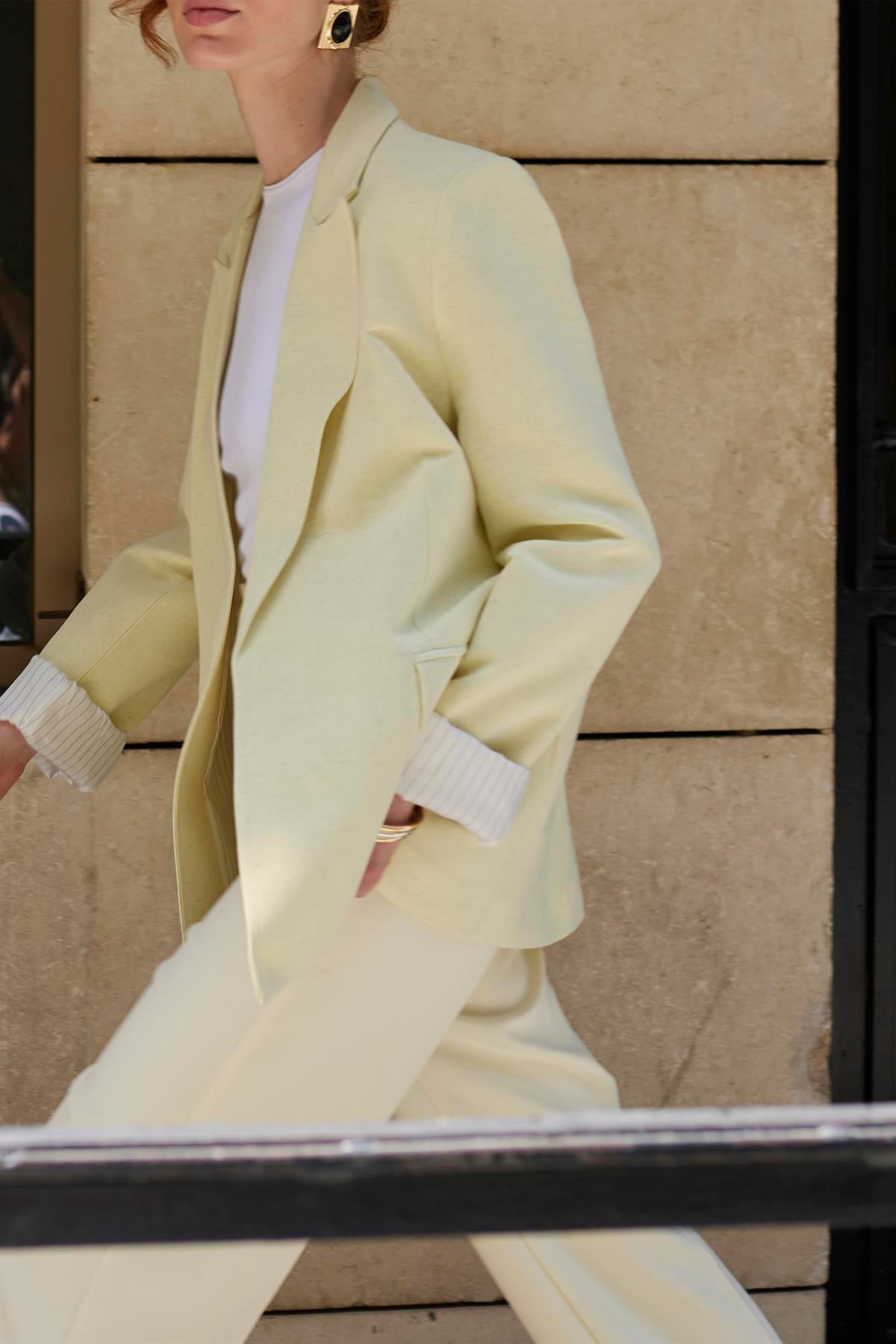 9158 ÇİZGİLİ ASTARLI KETEN CEKET SARI