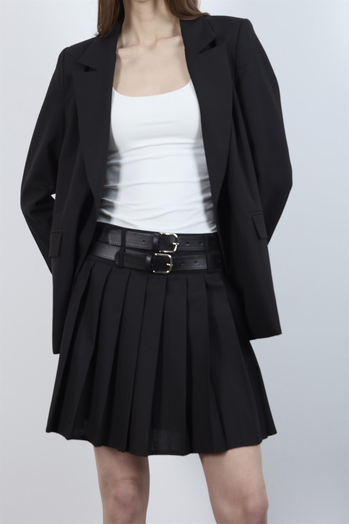 3239 PİLİLİ ÇİFT KEMERLİ ETEK SİYAH