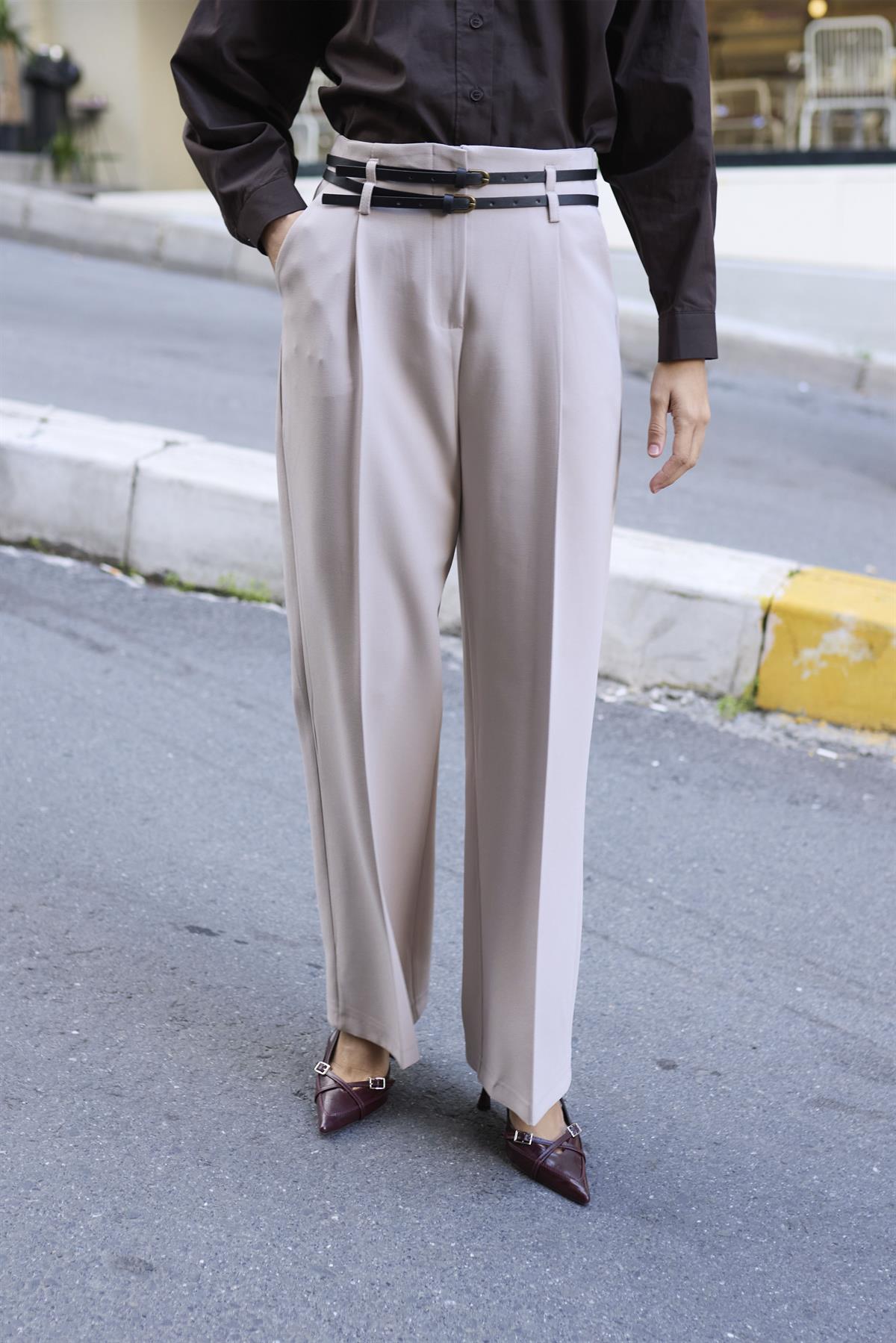 51245 ÇİFT KÖPRÜLÜ PİLELİ PANTOLON TAŞ