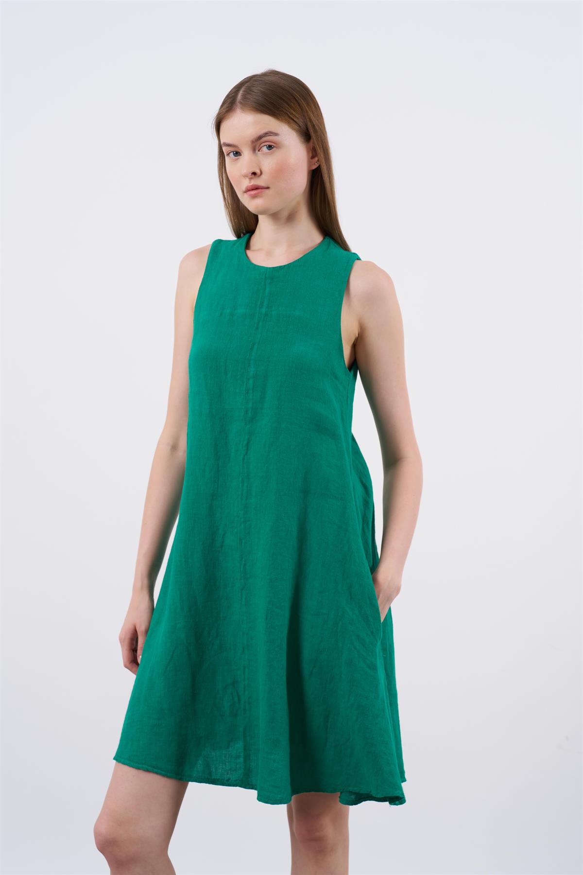 3202 SIFIR KOL KETEN ELBİSE(3181) KOYU ÇİMEN