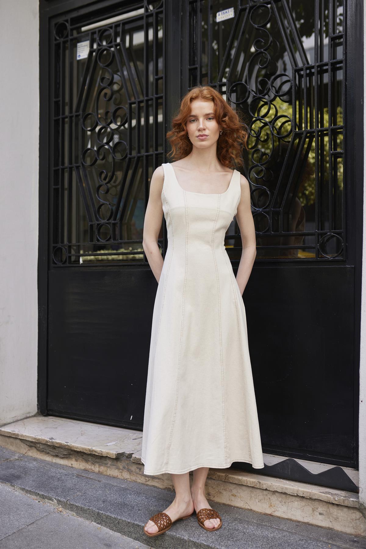 3308 KEMERLİ ASKILI ELBİSE TAŞ