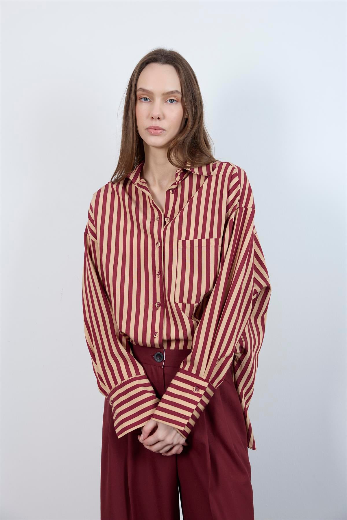 4969 ÇİZGİLİ GÖMLEK BORDO-CAMEL