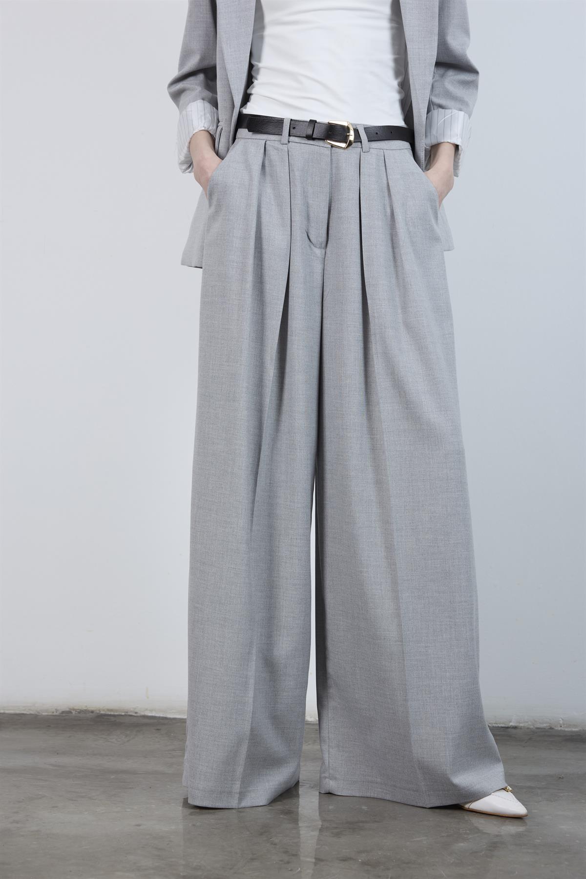 51070 PİLİLİ PALAZZO KEMERLİ PANTOLON GRİ