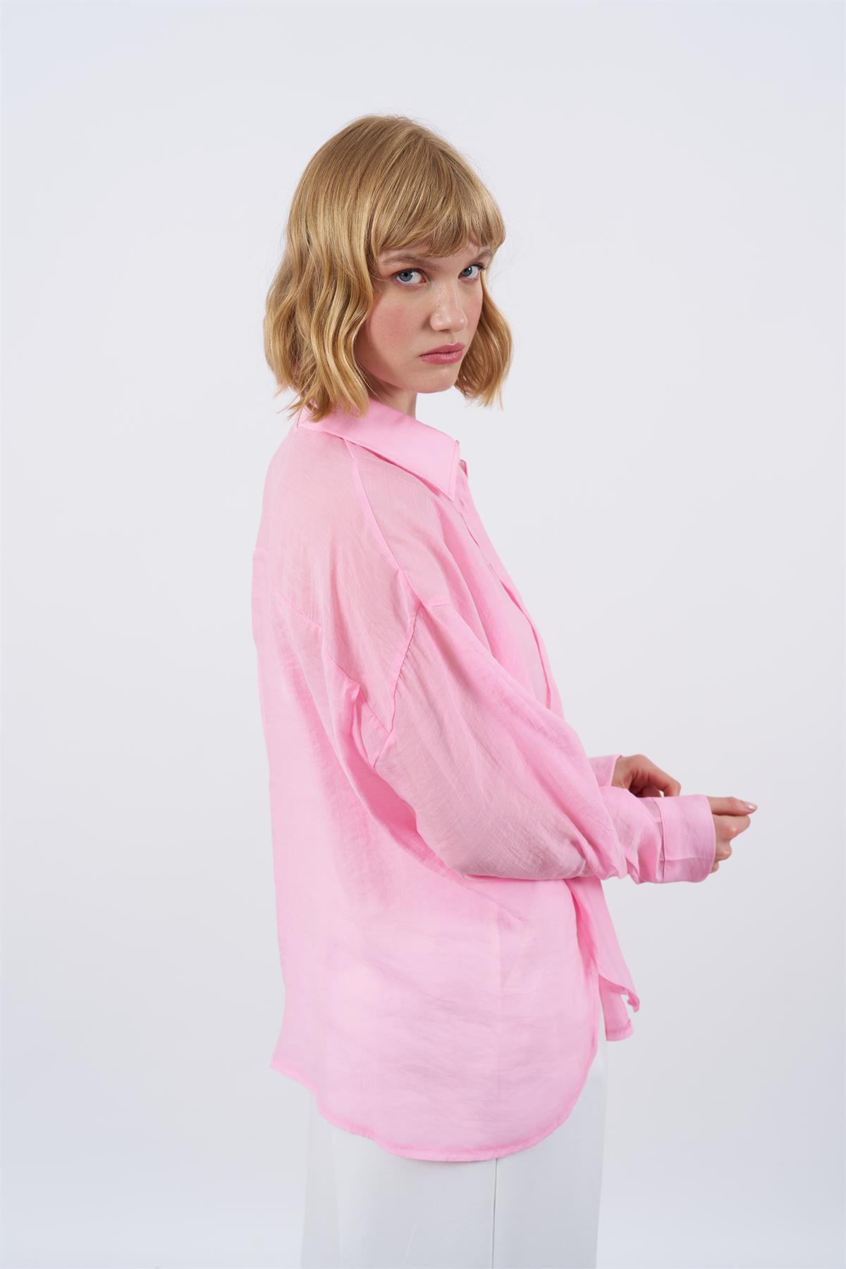 4924 OVERSIZE İPEKSİ GÖMLEK PEMBE