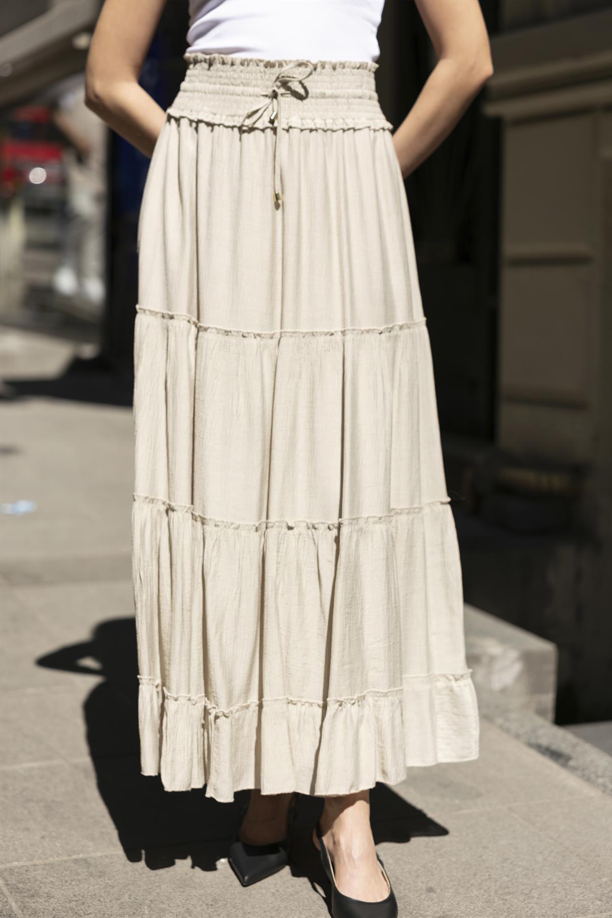 3295 GİPE KEMERLİ PARÇALI ETEK BEJ