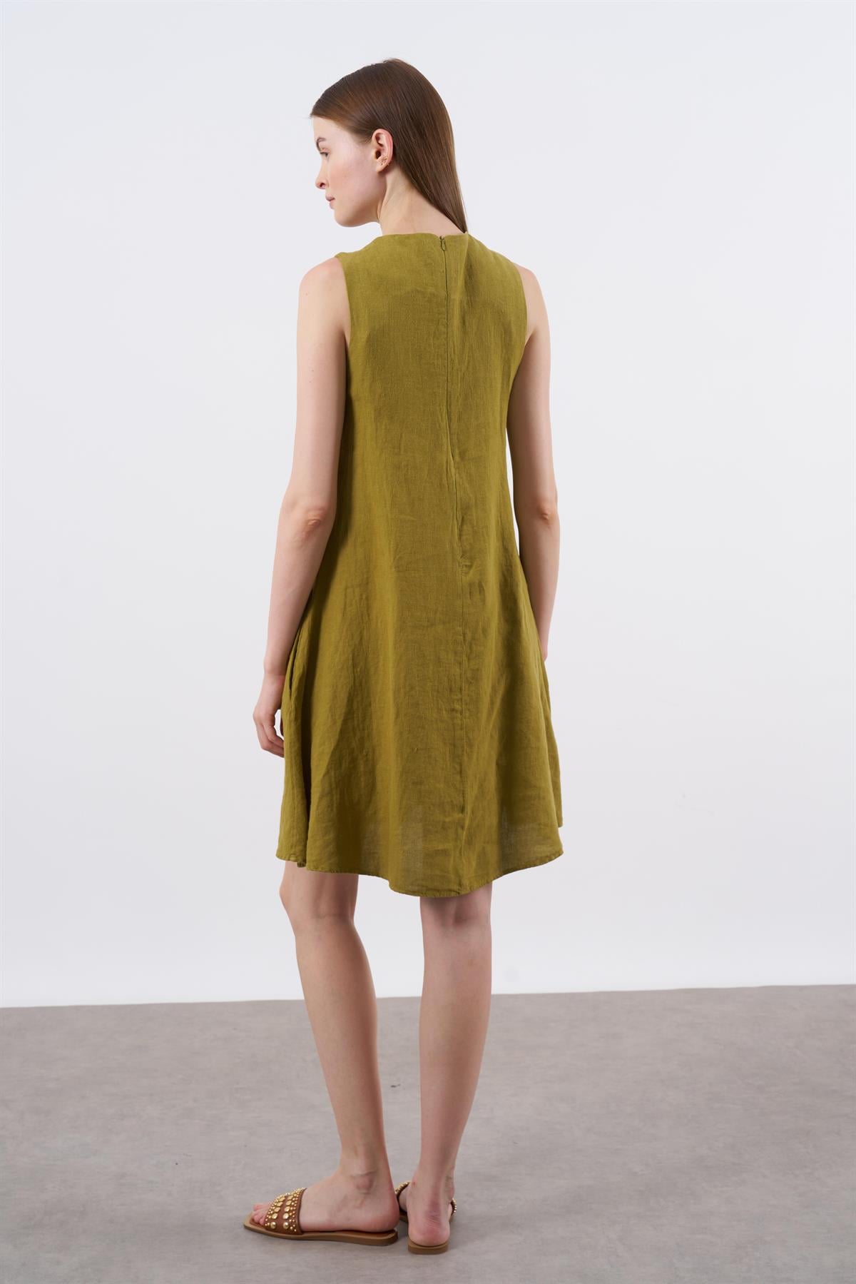 3202 SIFIR KOL KETEN ELBİSE(3181) YAĞ YEŞİLİ