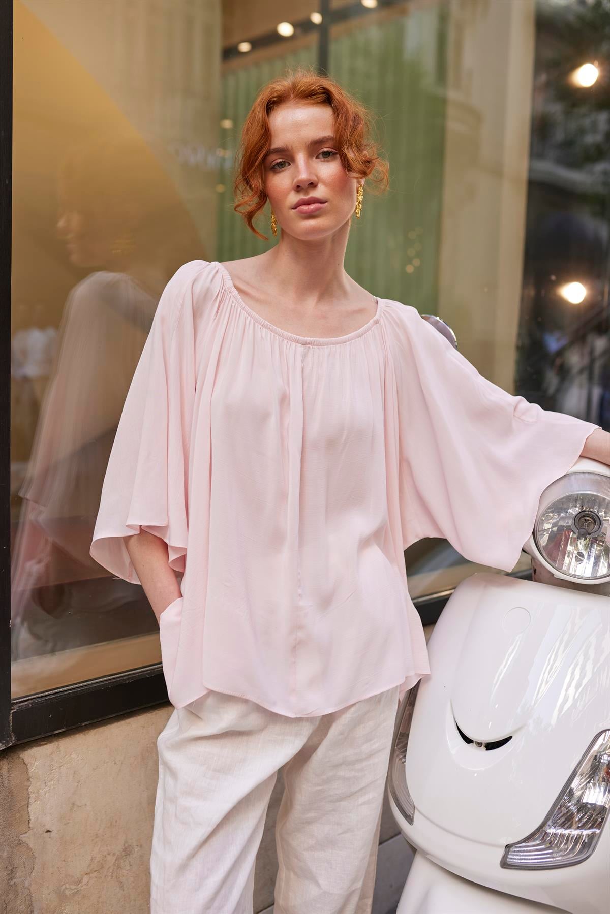 4978 YAKASI LASTİKLİ BLUZ ŞEKER PEMBE