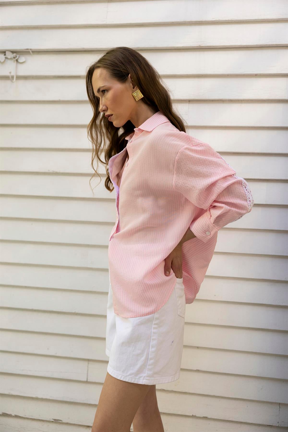 4958 DANTELLİ ÇİZGİLİ GÖMLEK PEMBE-BEYAZ