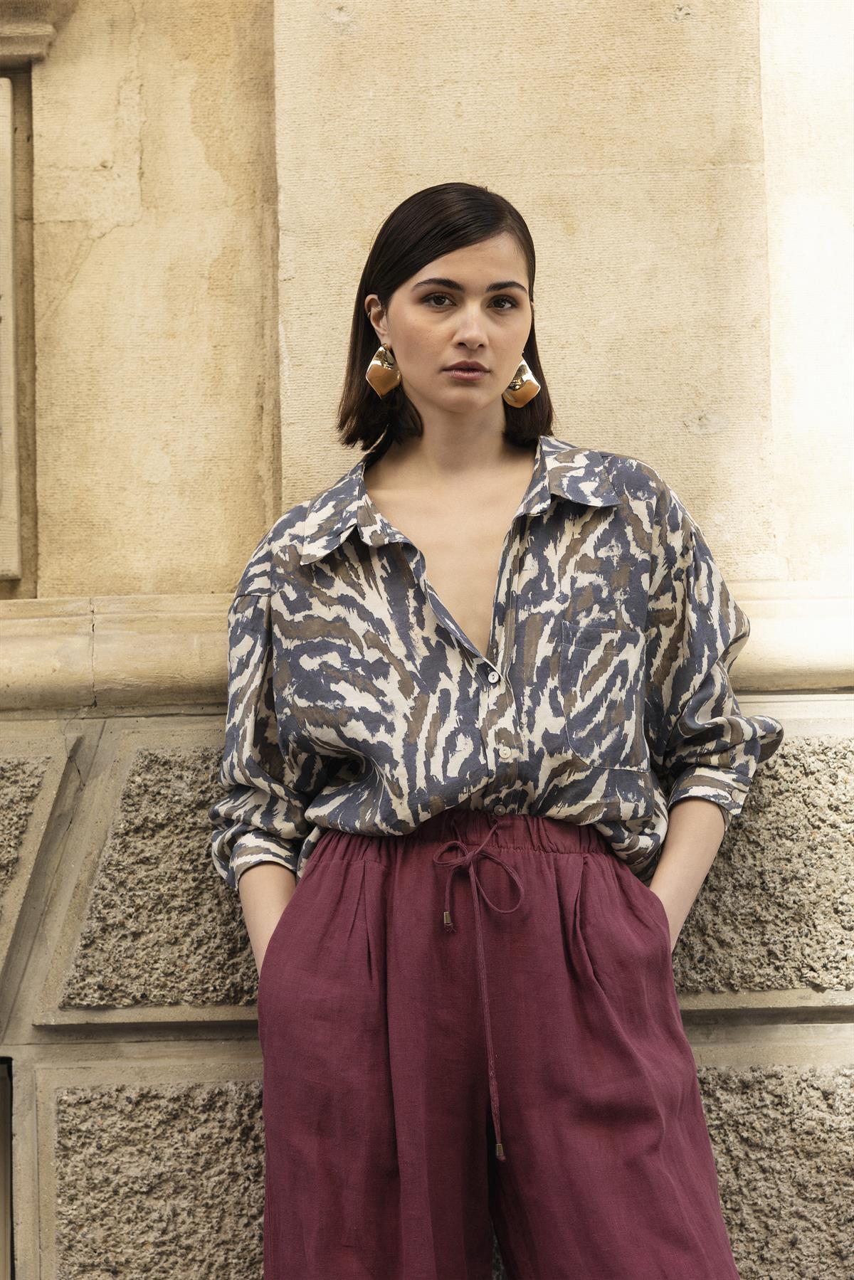 4962 DESENLİ OVERSIZE GÖMLEK LACİVERT