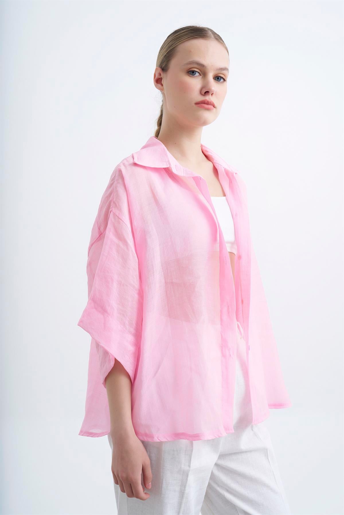 4927 OVERSIZE İPEKSİ GÖMLEK PEMBE