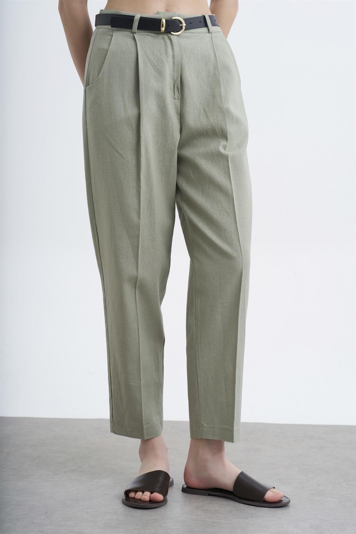 50985 KEMERLİ KETEN PANTOLON ÇAĞLA YEŞİL