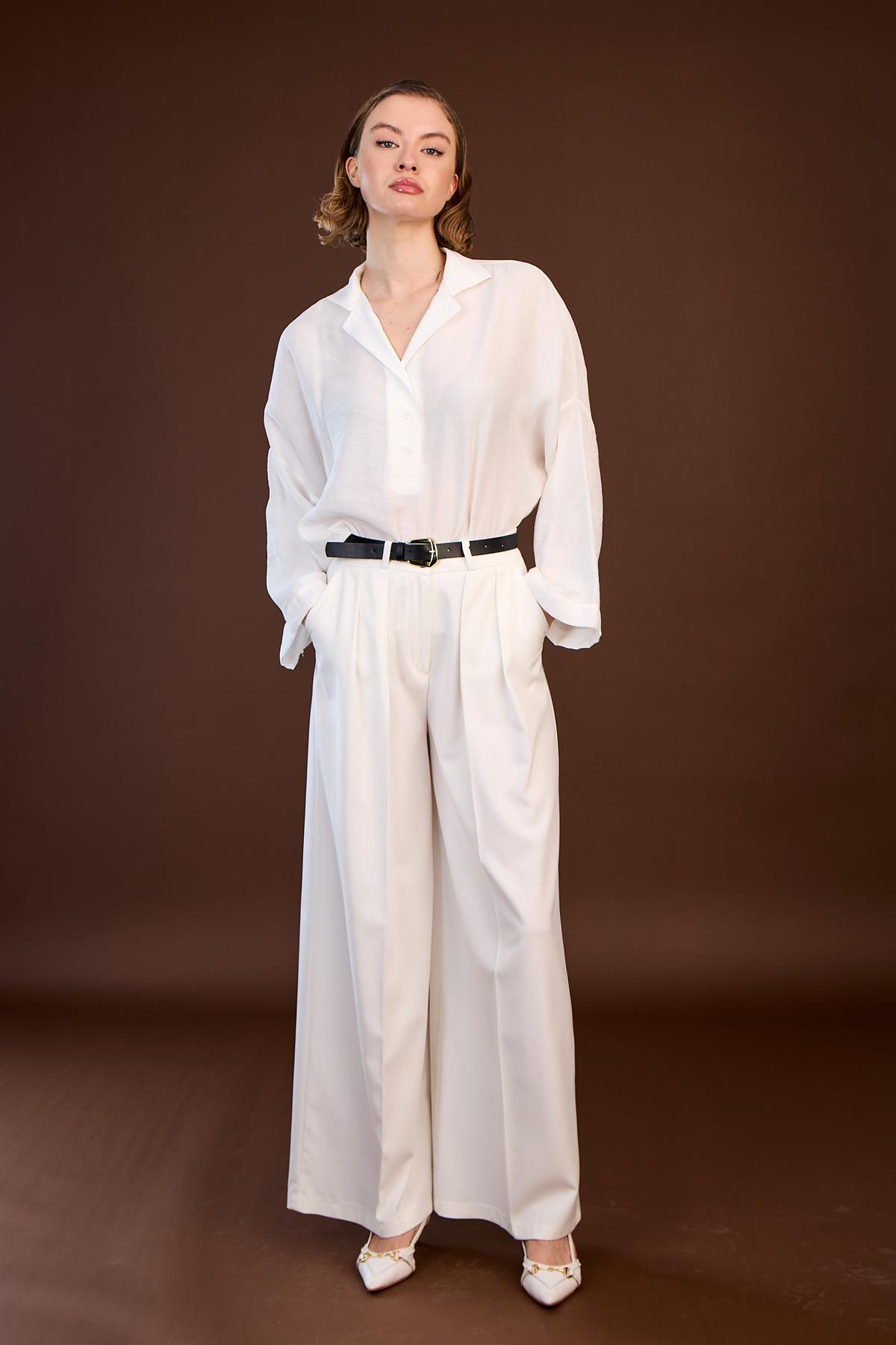 51070 PİLİLİ PALAZZO KEMERLİ PANTOLON BEYAZ