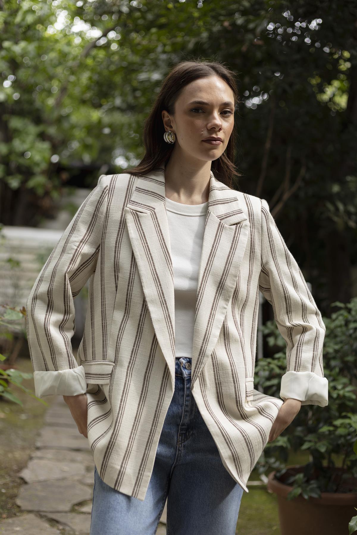 9424 ÇİZGİLİ KETEN CEKET (9134) TAŞ-KAHVE