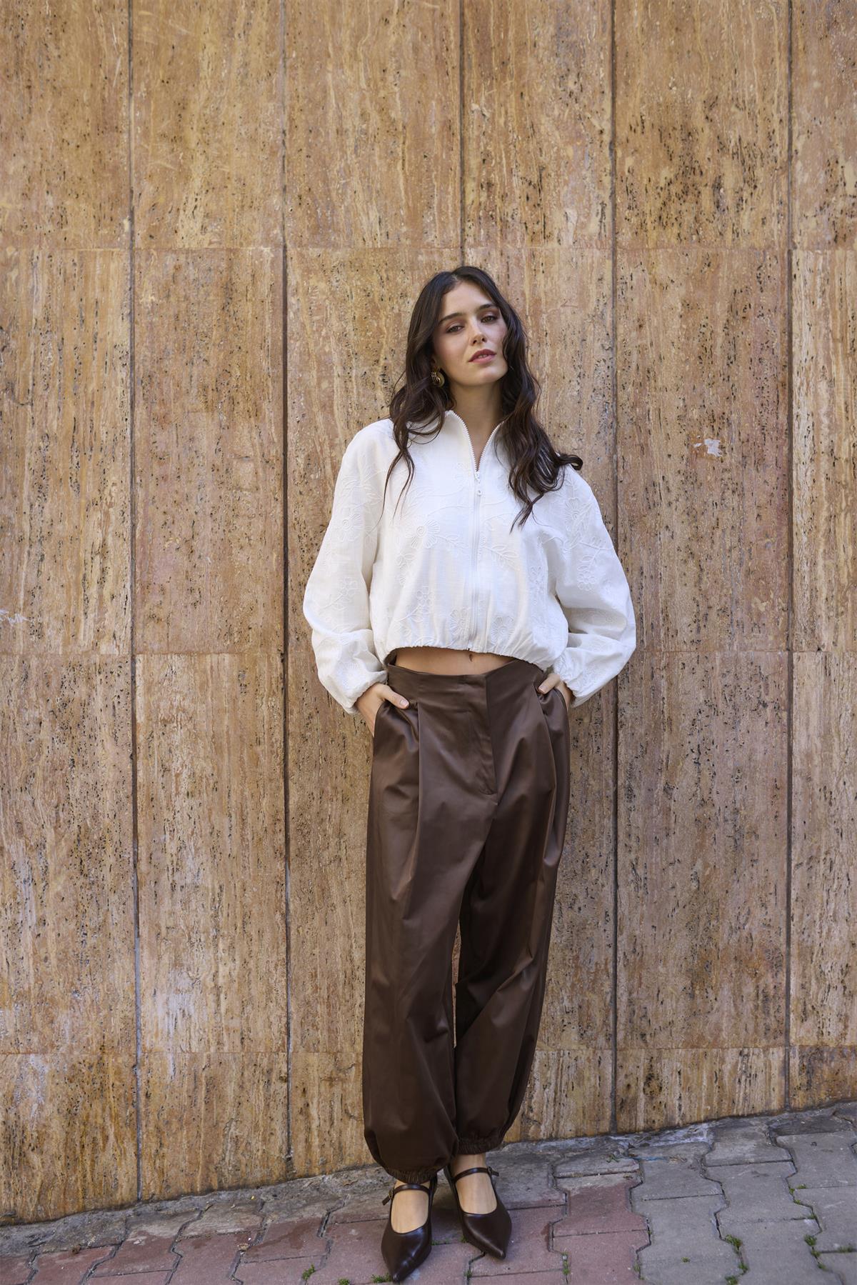 51235 SATEN PAÇASI LASTİKLİ PANTOLON KAHVE