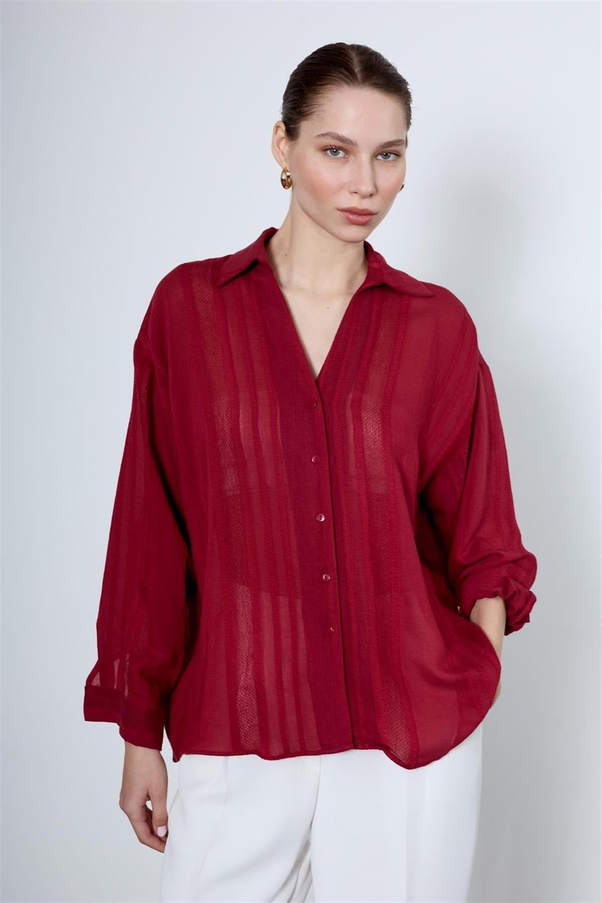 4914 TRANSPARAN GÖMLEK BORDO