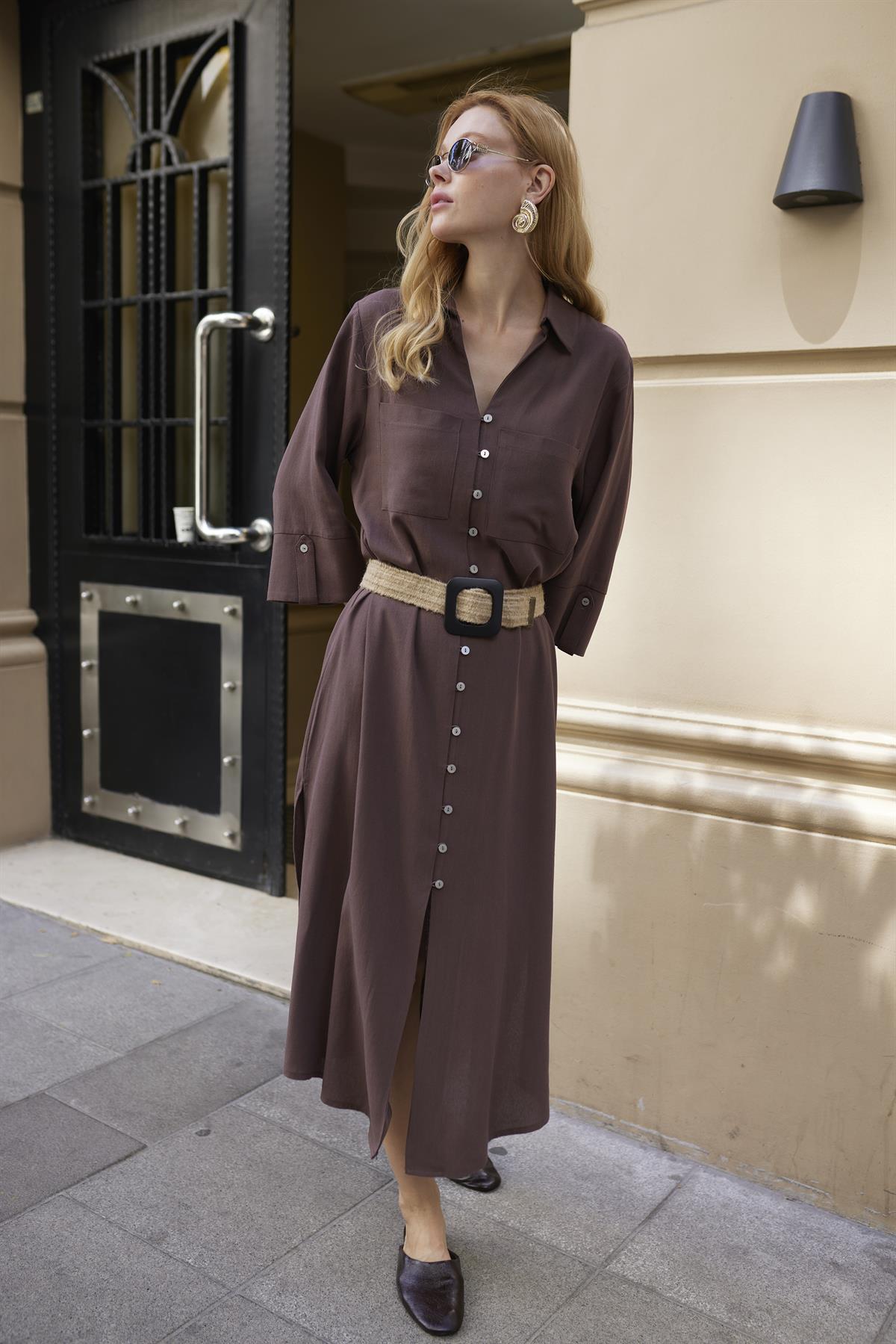 3330 KEMERLİ ELBİSE KAHVE