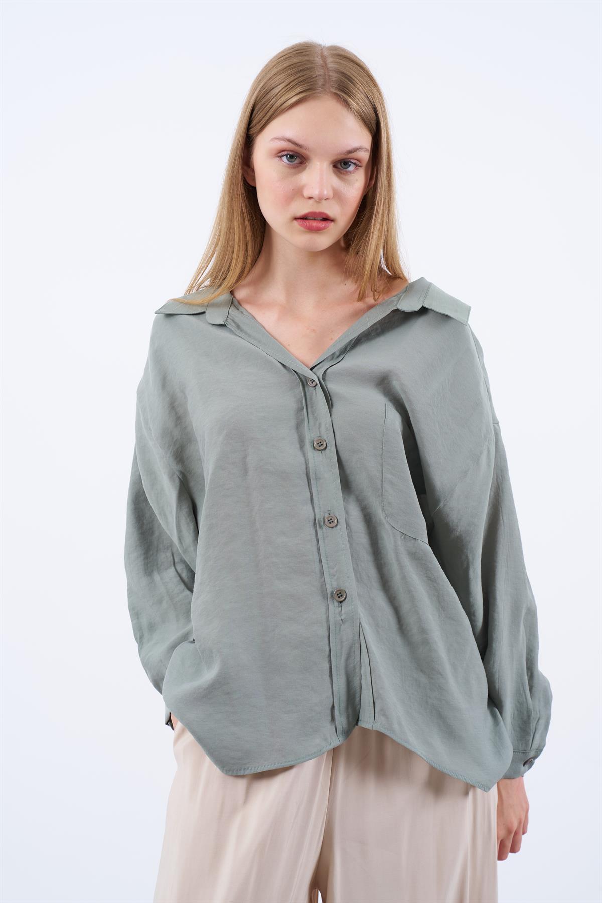 4612 DÜŞÜK OMUZLU OVERSİZE GÖMLEK ÇAĞLA YEŞİL